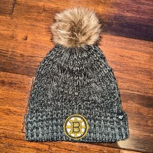 47 Brand Black Knit Hat with Fur Pom and Logo